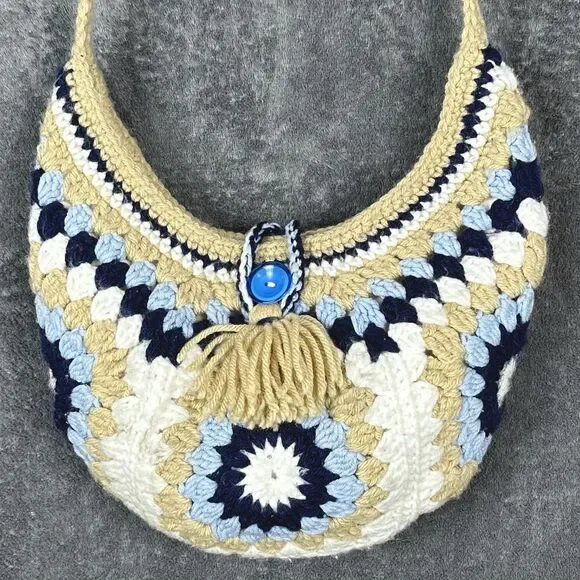 Crocheted Granny Square Purse Crossbody Bag Handbag Lined - BOHO/Vintage STYLE - Picture 5 of 9